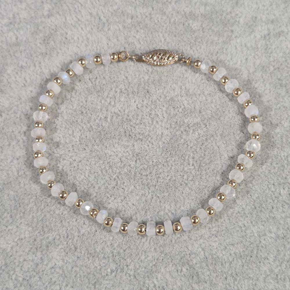 Genuine Solid 14K Yellow Gold Bracelet With Faceted (A Grade) Rainbow Moonstone